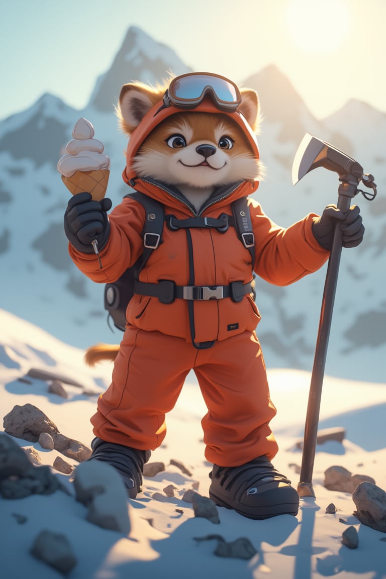 a fluppy, cute fur creature stands confidently with a bold stance, gripping an ice-axe in one hand and icew cream in the other. wearing cute alpinist suit. The framing of the shot showcases her strong profile, with the tool-wielding arms outstretched to either side. A warm golden light illuminates her determined expression, casting long shadows across the rugged terrain. In the background, misty mountains rise like giants, underscoring his fierce determination