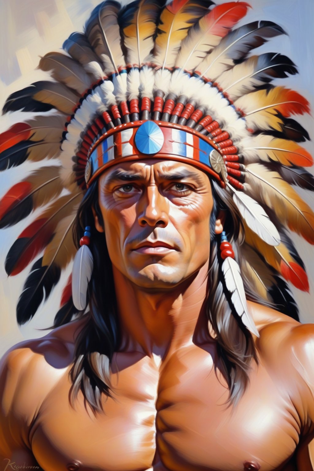 Oil Painting art,  Konstantin Razumov Style,  Xavier Duvet Style. Portrait of Alain Delon as an Indian chief Crazy Horse b...