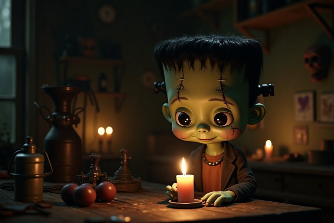 Dimly lit laboratory on a spooky Halloween night, candles flickering amidst old equipment and cobweb-covered shelves. Cute Frankenstein and Pinoccio, with bolts in his neck and stitches on his face, holds a small candle up to the light, casting an eerie glow across his features. His big, round eyes sparkle with curiosity as he peers into the flame.