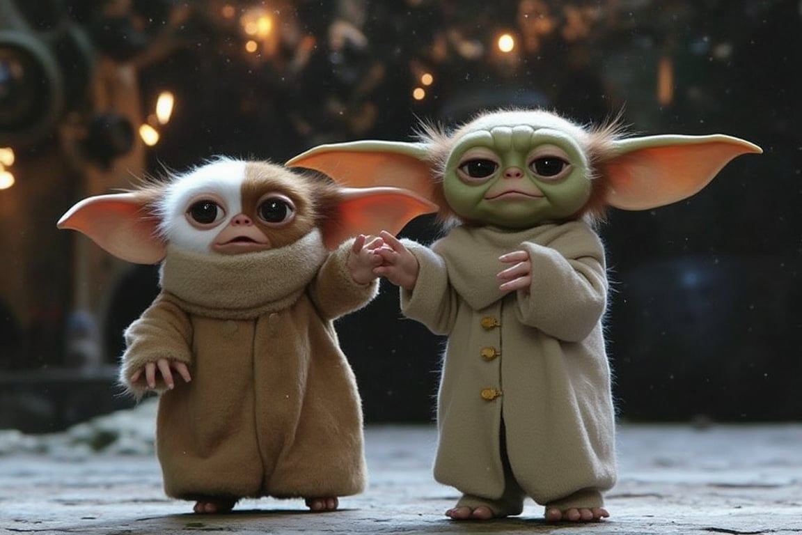 gizmo and yoda dancing in a space, 8k, ultra realistic, Cinematic