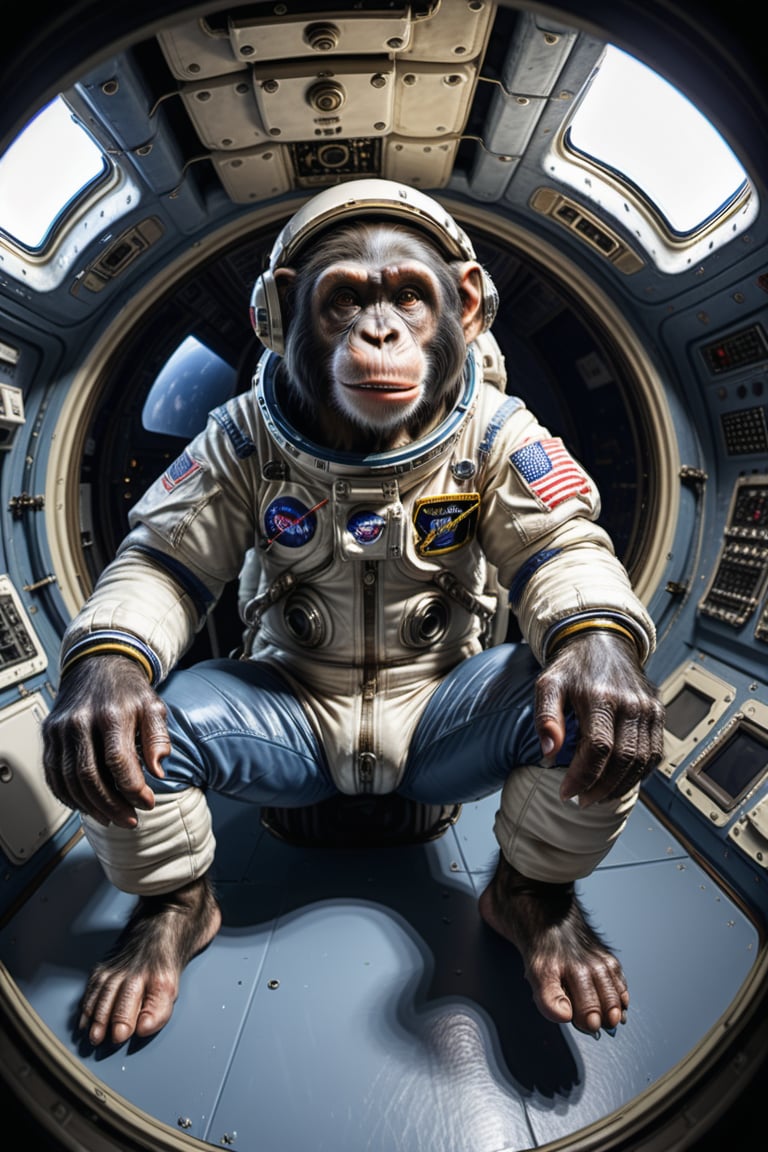 fisheye lens, chimpanse in astronaut suit sitting inside old apollo spaceship, masterpiece, 32k