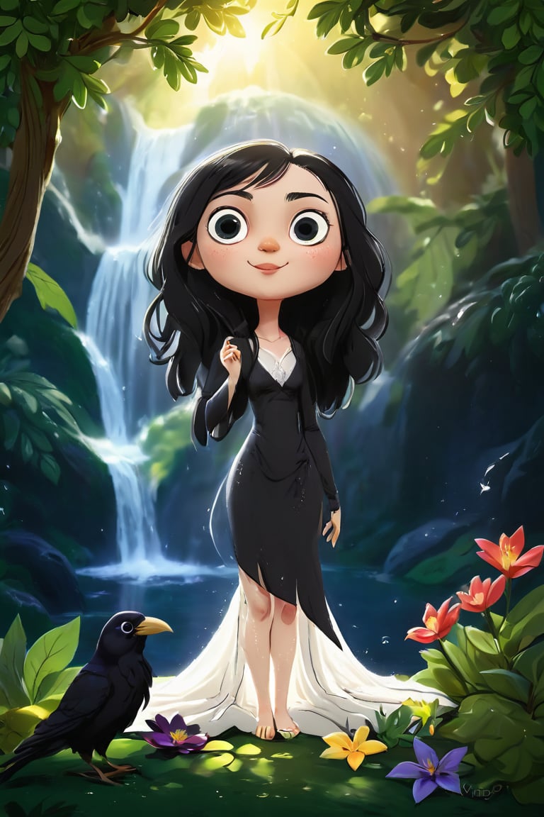 A chibi female figure stands elegantly in a magical garden, surrounded by lush greenery and vibrant flowers. Soft sunlight filters through the trees, casting a warm glow on her porcelain skin as she gazes serenely into the distance. Her raven hair cascades down her back like a waterfall of night, framing her regal features with an air of quiet confidence.