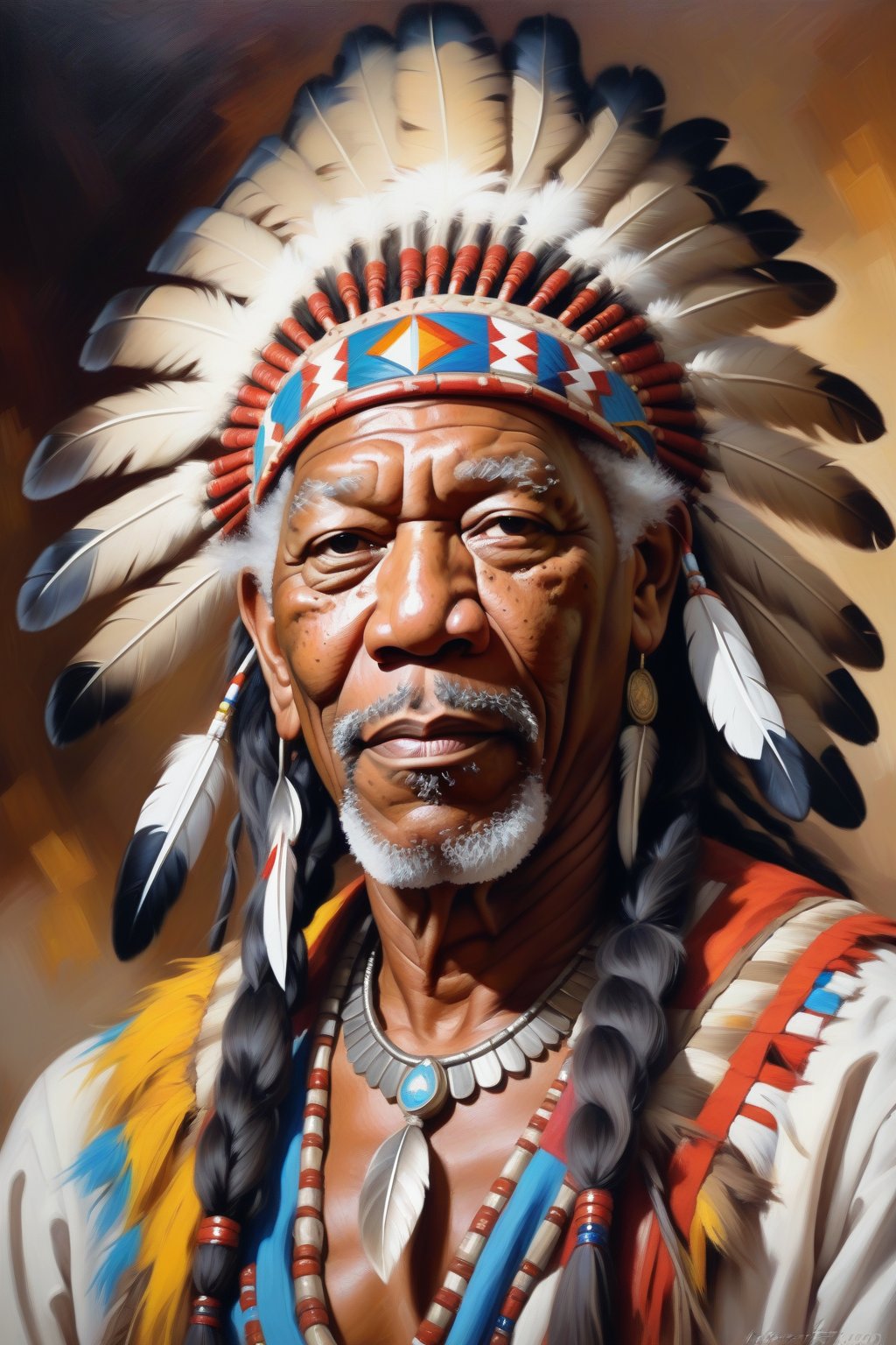 Oil Painting art,  Konstantin Razumov Style,  Xavier Duvet Style. Portrait of Morgan Freeman as an Indian chief Crazy Hors...