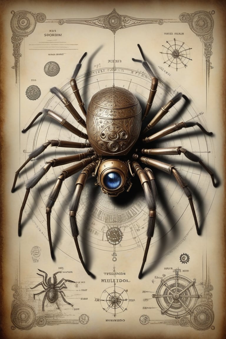 patent style drawing of steampunk Shelob the giant Spider in ink on old parchment paper,(steampunk:1.2),old fashioned,nostalgic, dark background, ancient hieroglyphic inscriptions, DonMSt34mPXL,mecha