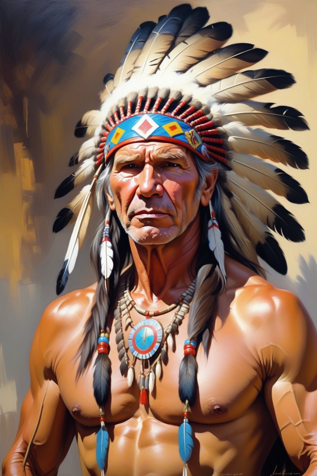 Oil Painting art,  Konstantin Razumov Style,  Xavier Duvet Style. Portrait of Harrison Ford as an Indian chief Crazy Horse...