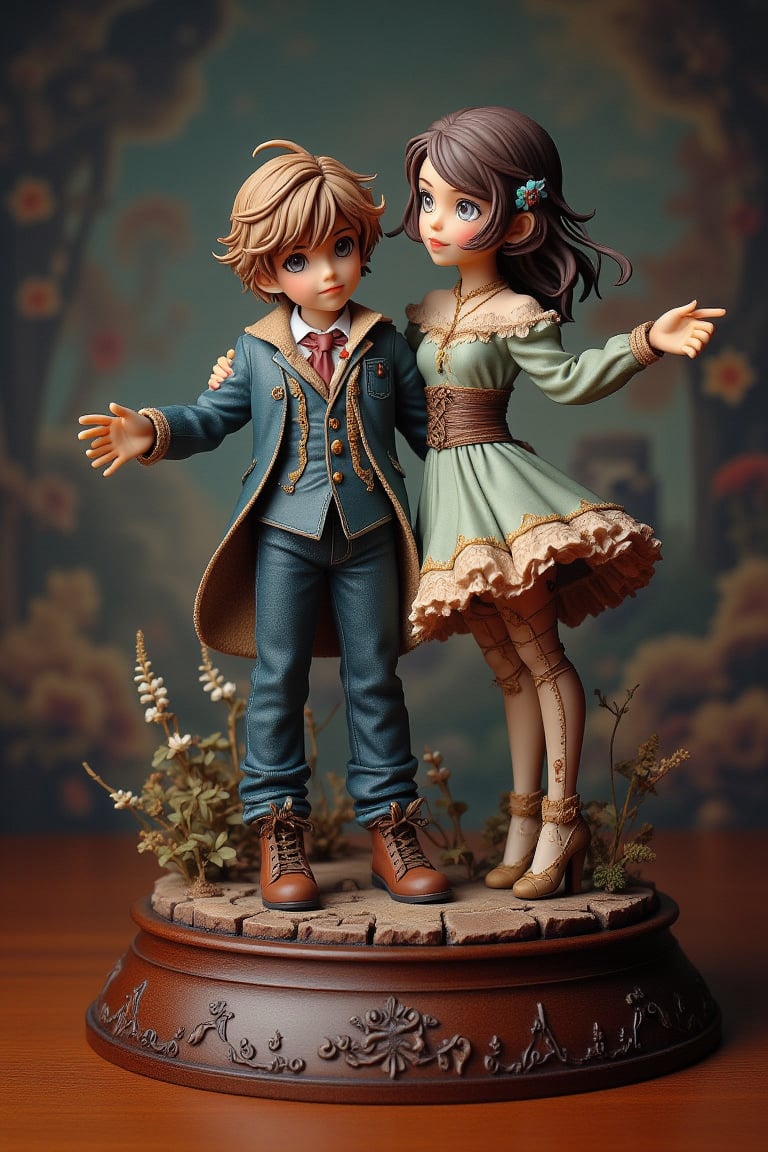 Fusion design of Jasmine Becket-Griffith and H. P. Lovecraft. An elaborate figure diorama of a boy and girl. Steampunk. dynamic pose, background match the theme of the brand perfectly. Add vivid colors and cinematic lighting effects.,create figure 2,VNS_Add more details