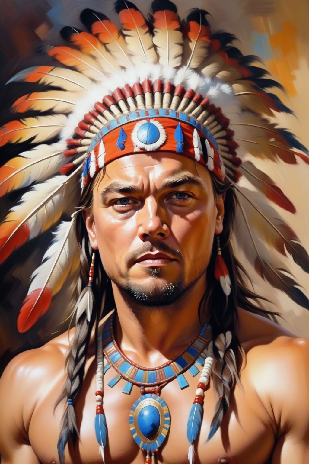 Oil Painting art,  Konstantin Razumov Style,  Xavier Duvet Style. Portrait of Leonardo DiCaprio as an Indian chief Crazy H...