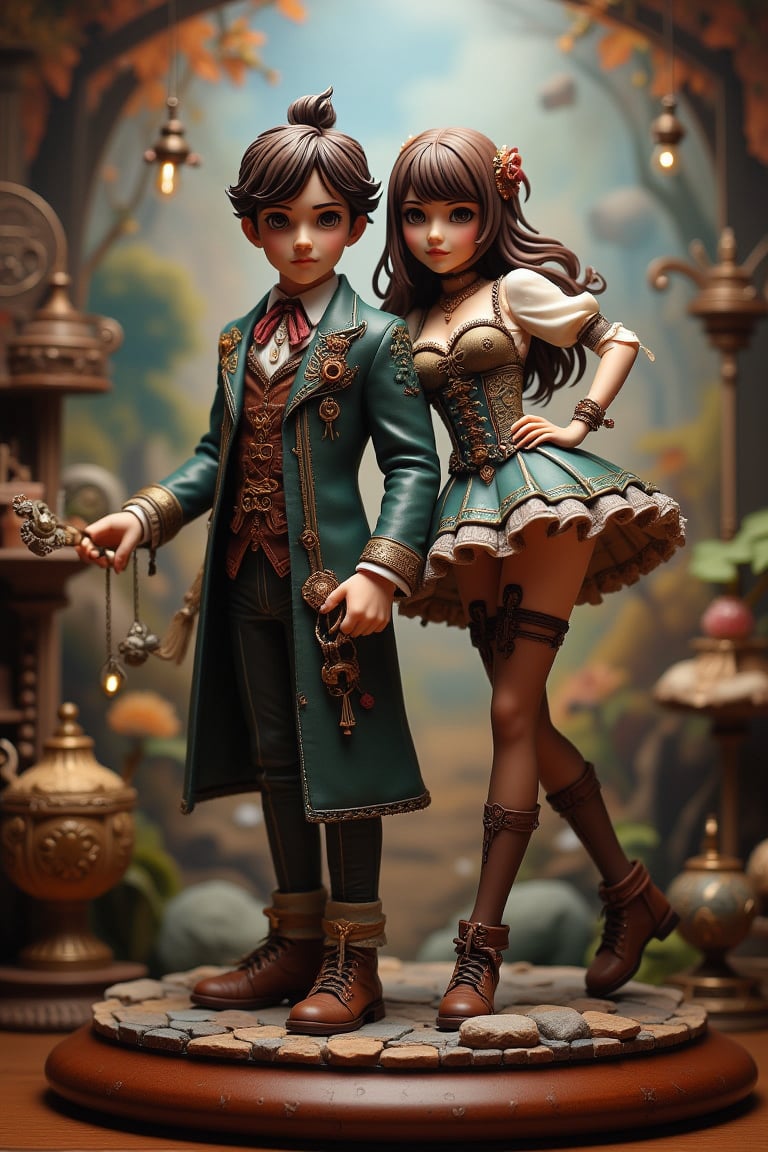 Fusion design of Jasmine Becket-Griffith and H. P. Lovecraft. An elaborate figure diorama of a boy and girl. Steampunk. dynamic pose, background match the theme of the brand perfectly. Add vivid colors and cinematic lighting effects.,create figure 2,VNS_Add more details