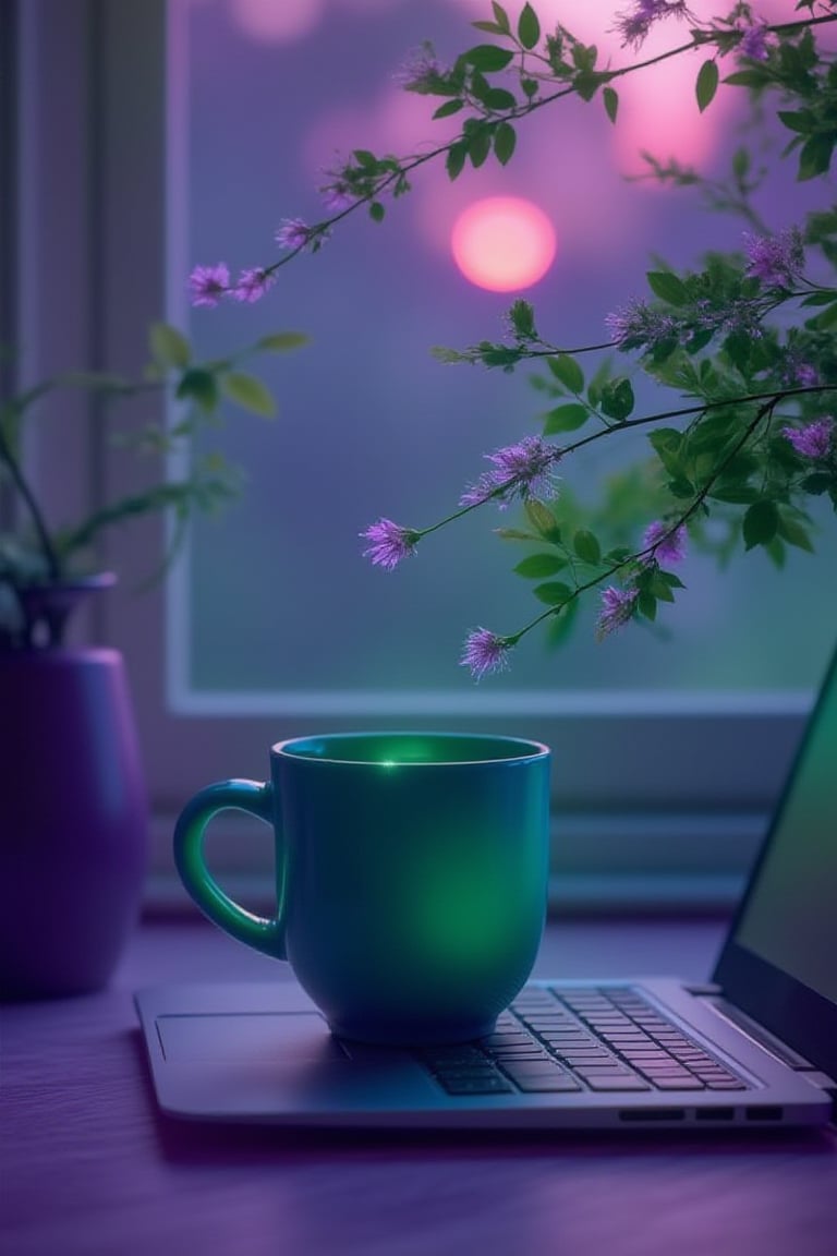 DSLR1.hanna-A tranquil scene by the window, featuring a vibrant azur mug placed on a laptop. The entire image is bathed in purple and green hues only. The branches of a flowering plant, adorned with delicate purple flowers, extend towards the window. The setting sun outside emits a gentle glow, blending harmoniously with the surrounding atmosphere. The lighting and bokeh effect are in purple tones, while the mug contrasts beautifully with its vivid green color, giving a stunning, otherworldly effect. The overall mood is cozy, with a soft, ethereal ambiance, where green and purple are the only colors represented.