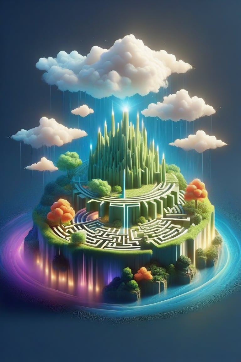 Game sheet of maze, floating island,3d, isometric, dreamy color palette, inspired by Pixar". Sign that says "Happy Birthday to You"