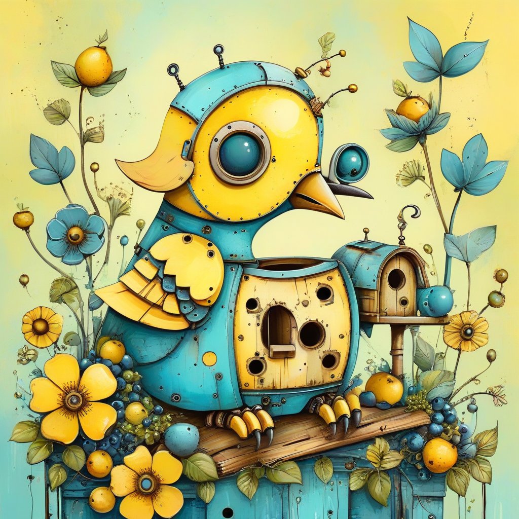 a whimsical art design, ((close-up image of 1 beautiful robot bird with robotic parts eat berries while sitting in a birdhouse)), (clean yellow and blue main colors), cozy garden background, creative illustration, conceptual art, dadaism