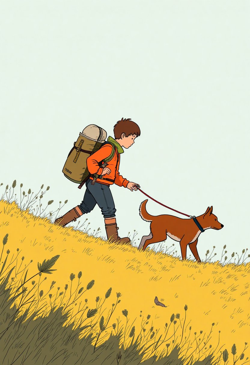 A boy is in adventure with his dog walking on a prairie,ligne_claire