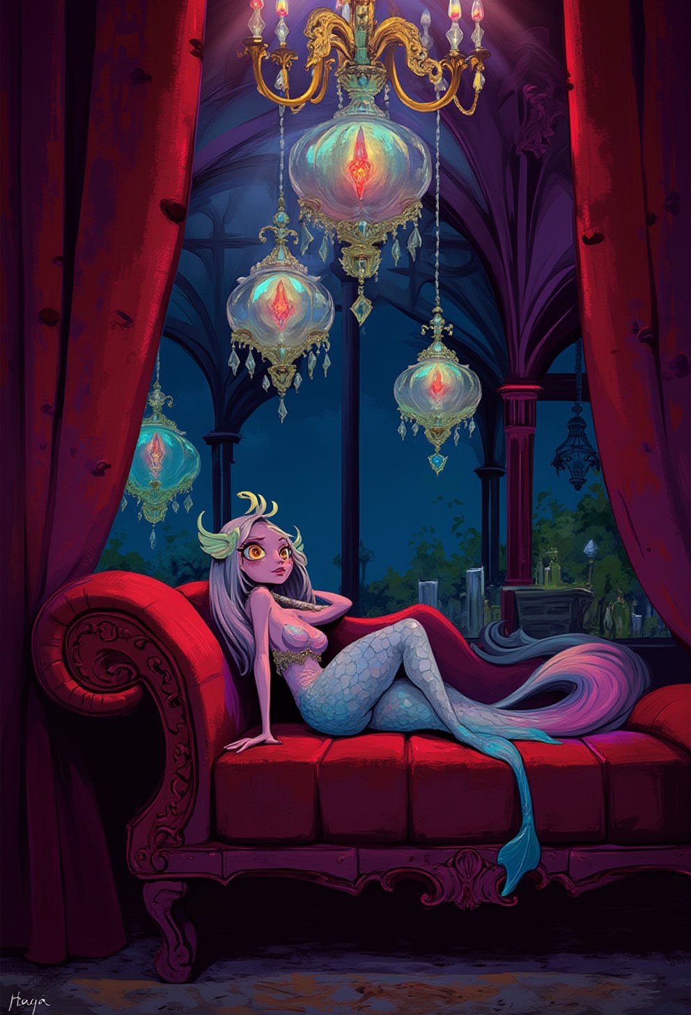 A luxuriant underwater nymph reclines on a plush, crimson divan, her shell-like ears perked up amidst the opulence of a lavish boudoir. Velvet drapes billow behind her, while crystal chandeliers refract a kaleidoscope of colors onto her shimmering scales as she lounges languidly, one flipper draped elegantly over the edge. kawaiicolors, textured