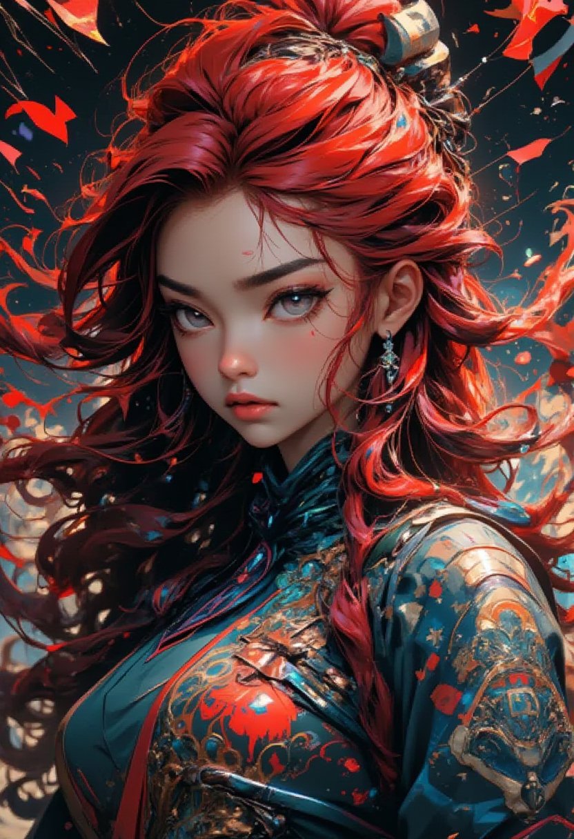 contemporary, Neo-Primitivism, Encaustic Paint, ambient light, cool colors, Highres, trending on artstation, Vibrant Broken busty Han Dynasty Female Ranger, her hair is Red, Messy hair, hyper detailed, Grayscale, professional, dslr, vintage, background inspired, gorgeous, contemporary, modified, enchanted, beautiful elegant, complex artistic color composition,NiJi_2_FLUX