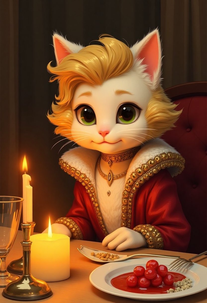 A cat with blonde curly hair wearing royal outfit having dinner with a candle on the dining table,SamYoung_Illustration