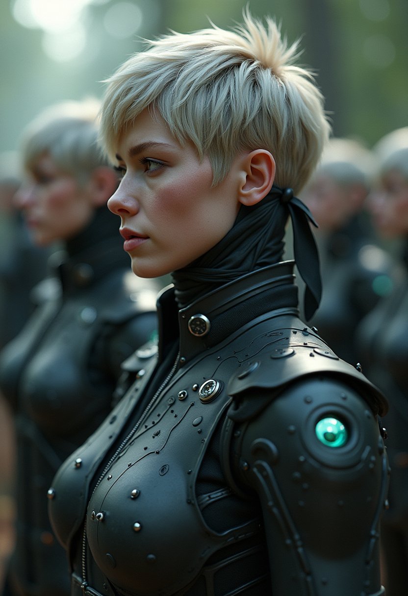 designed by Wayne Barlowe and Martin Deschambault and Alex Schomburg, octane render, Gamercore, cool robotic sci-fi soldiers of Prey Psychologist, being looked at by a group of Females, her hair is Irish and styled as Undercut, she has a Ribbon, Bokeh, Ultra Real, soft light, Depth of field 100mm, Mono Color, gorgeous, best, glowing, full color, sublime