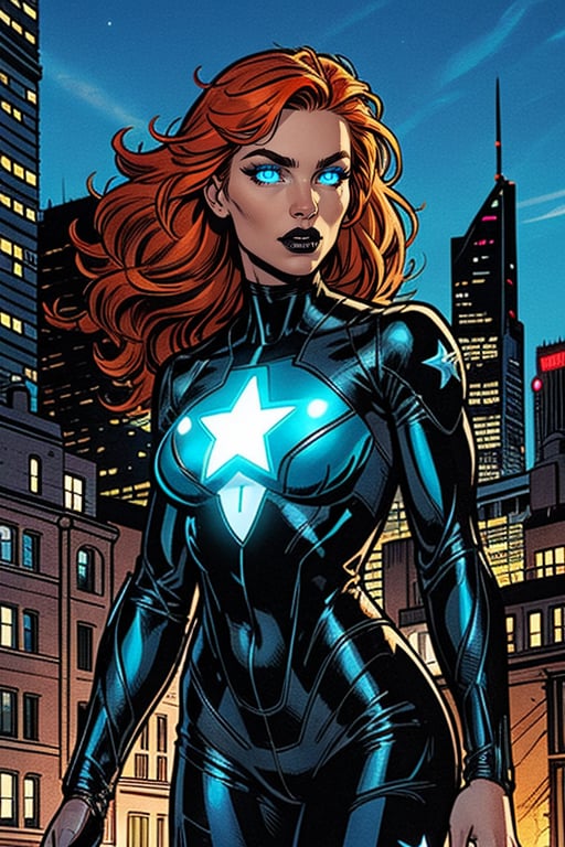 comic artwork, dynamic shadows, 2D, HDR, High Quality, Masterpiece, upper body, cinematic lighting, city, outdoors, 1girl, solo, white skin, pale skin, long orange hair, (((glowing blue eyes))), black leather supersuit with pants, superhero, parted lips, beautiful, sexy eyes, fit, toned, black lipstick, star symbol in the center of chest, star symbol on supersuit, sexy