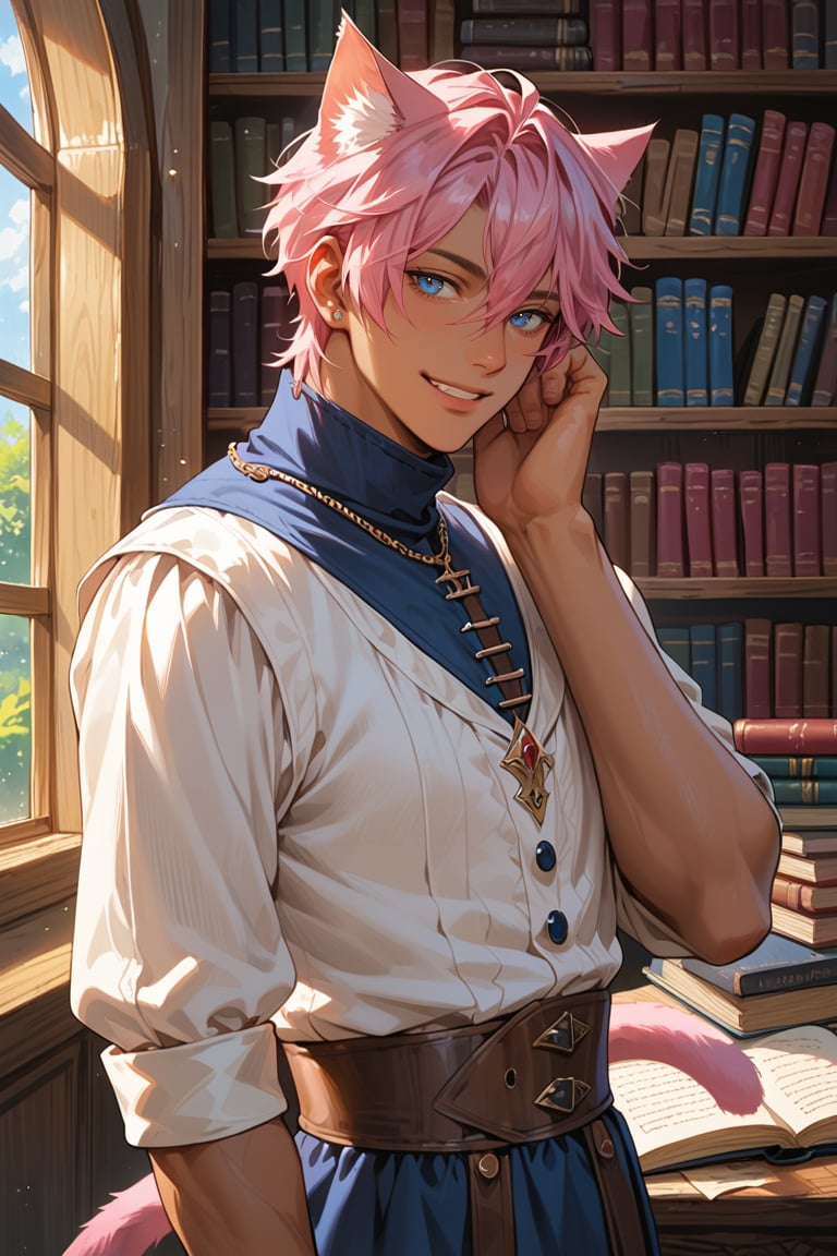 score_9, score_8_up, score_7_up, source_anime, detailed illustration, fantasy themed, library, indoors, 1boy, solo, pink hair, short hair, bangs, blue eyes, hair between eyes, hair covering ears, soft smile, tall, handsome, ((librarian)), medieval clothing, catboy, cat boy, tan skin, 8k, pink cat ears, fit, pink cat tail, upper body, books