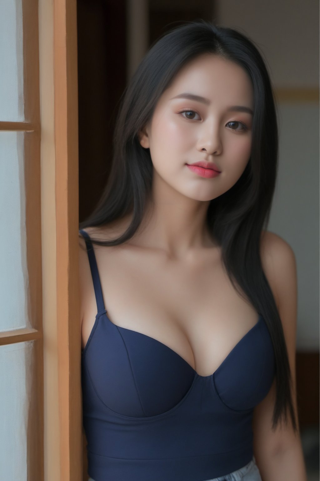 1girl, solo, long hair, looking at viewer, smile, black hair, brown eyes, jewelry, closed mouth, collarbone, upper body, earrings, lips, facial mark, forehead, standing, oyo rooms, forehead mark, realistic, hot and sexy, standing pose, bra wearing, 