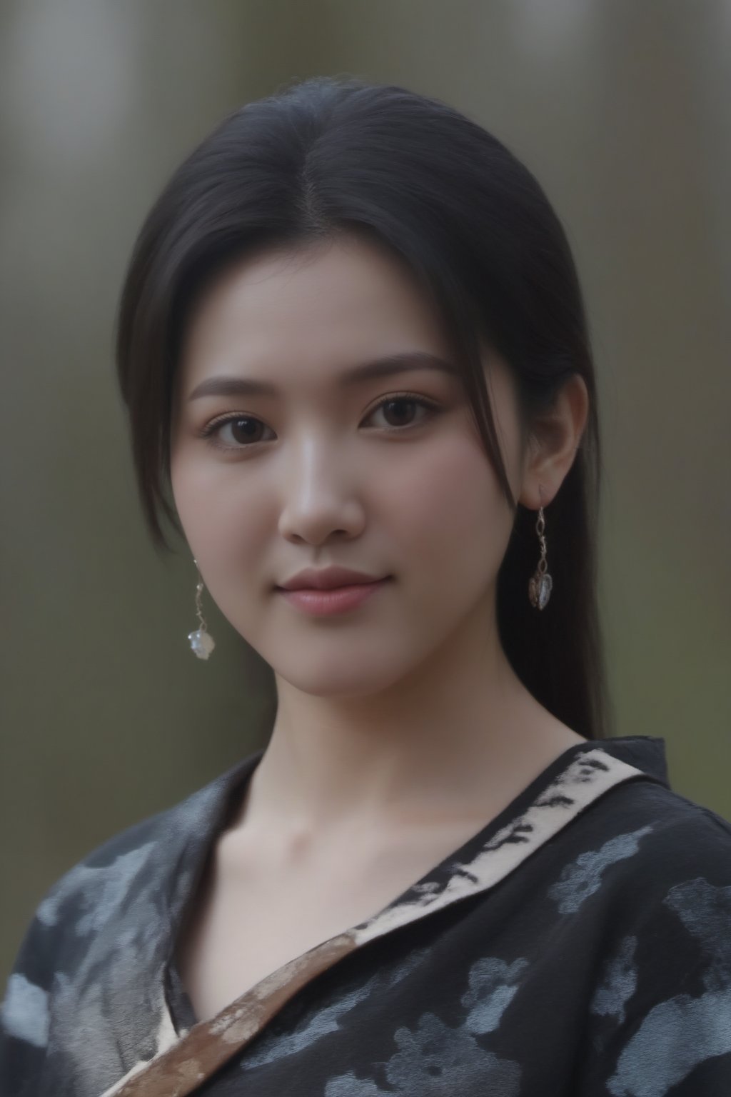 1girl, solo, long hair, looking at viewer, smile, black hair, brown eyes, jewelry, closed mouth, collarbone, upper body, earrings, lips, facial mark, forehead, forehead mark, realistic, arrow \(symbol\)