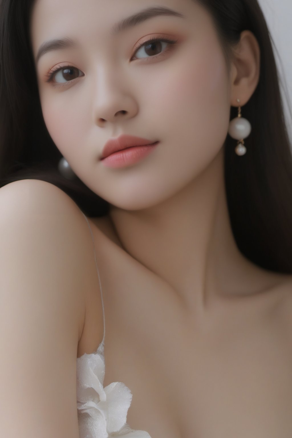 1girl, solo, long hair, bold beautiful looking at viewer, smile, black hair, brown eyes, jewelry, closed mouth, collarbone, upper body, earrings, lips, facial mark, forehead, forehead mark, realistic, 