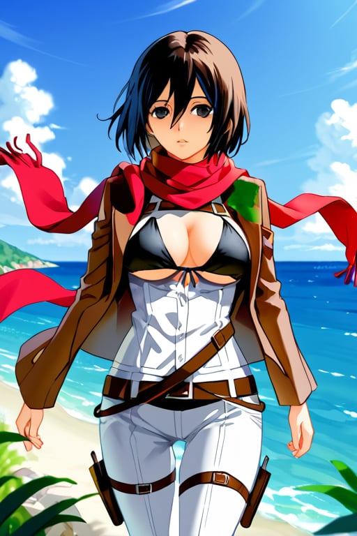 hmmikasa, short hair, black eyes, scarf,emblem, belt, thigh strap, red scarf,white pants, brown jacket, long sleeves ,black_bikini_bottom,(masterpiece),scenery