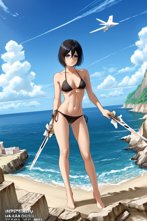 hmmikasa, short hair, black eyes,  ,black_bikini_bottom,(masterpiece),scenery