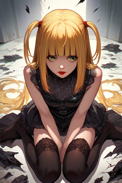 score_9,score_8_up,score_7_up,score_6_up,score_5_up,score_4_up,source_anime,BREAK,misa amane,long hair,bangs,brown eyes,yellow hair,blunt bangs,two side up,red lips,lipstick,thighhighs