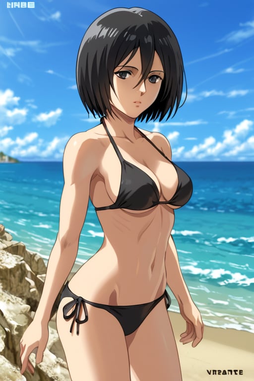 hmmikasa, short hair, black eyes,  ,black_bikini_bottom,(masterpiece),scenery