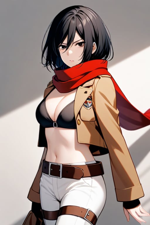 hmmikasa, short hair, black eyes, scarf,emblem, belt, thigh strap, red scarf,white pants, brown jacket, long sleeves ,black_bikini_bottom