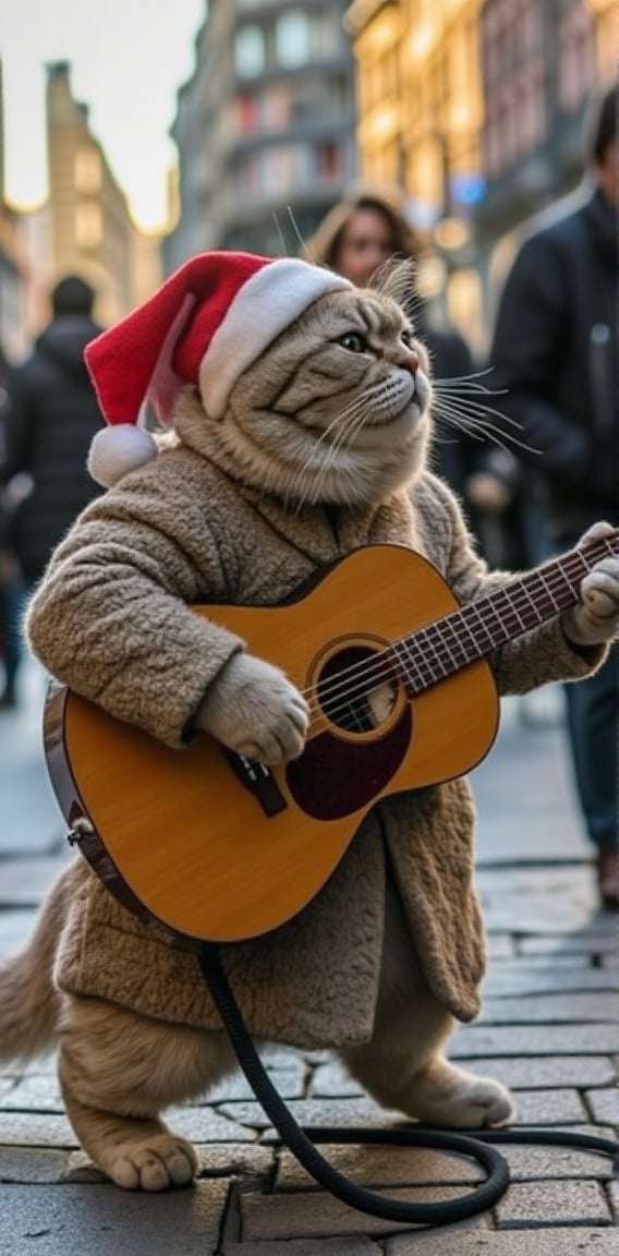 a cool and charismatic cat, donning a festive Christmas hat, BREAK, skillfully strumming a styr guitar while entertaining passersby on a lively street. The cat's playful expression and rhythmic paw movements exude a natural musical talent, captivating the audience with its melodic tunes. The Christmas hat adds a touch of holiday cheer to the scene, as onlookers pause to enjoy the impromptu street performance.