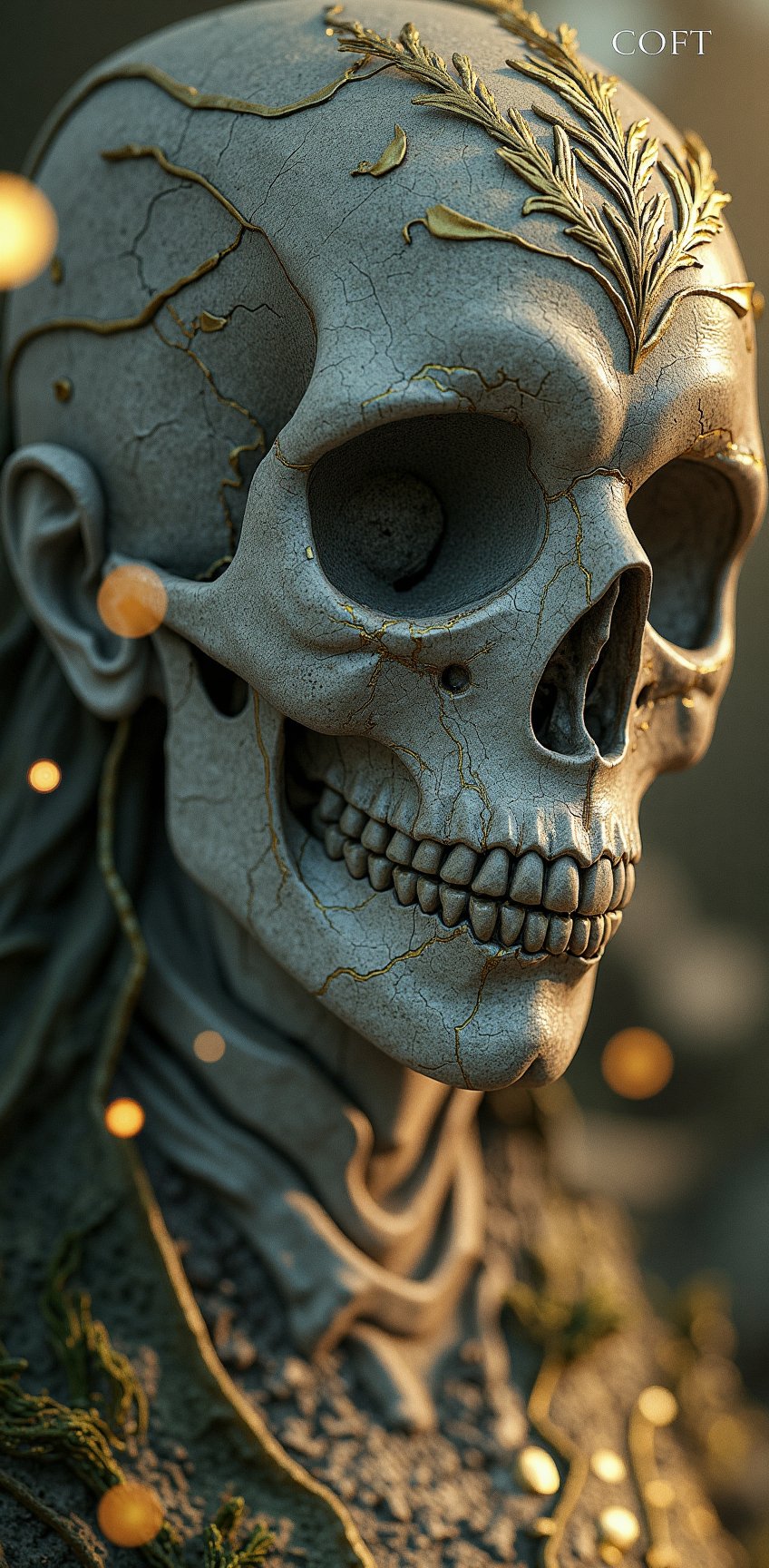 close up ultra detailed marble and gold sculpture of a female necromancer, (skeleton face), volumetric fog, hyperrealism, breathtaking, ultra realistic, ultra detailed, cyber background, cinematic lighting, highly detailed, breathtaking, photography, stunning environment, wide-angle