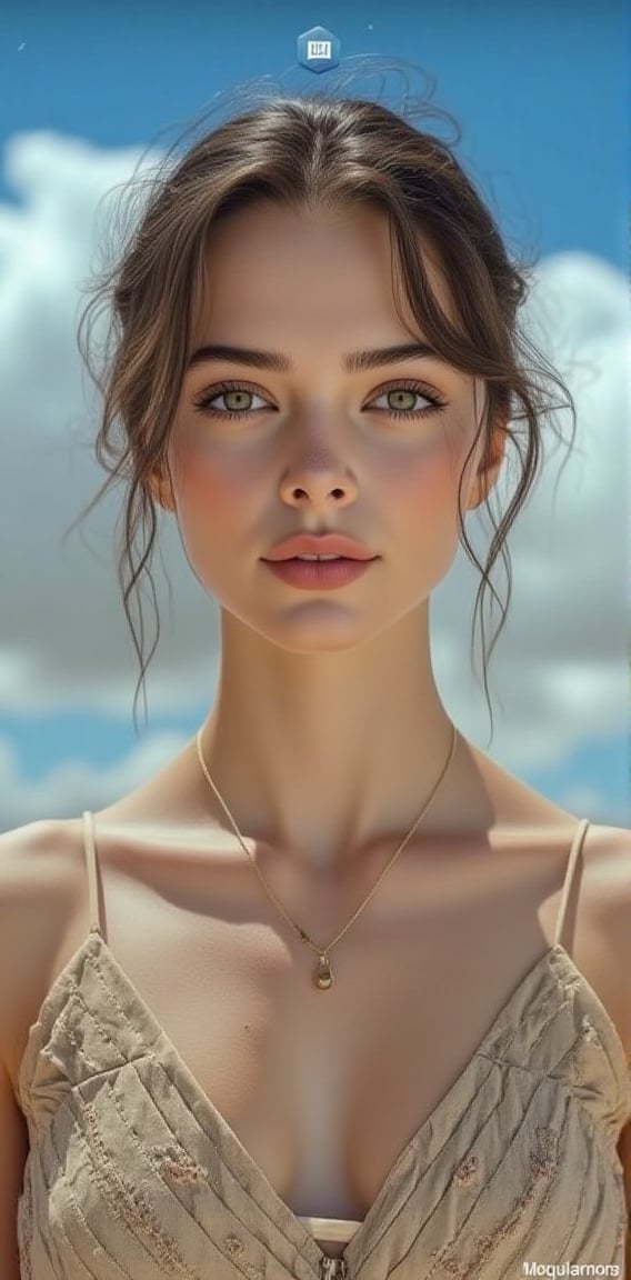 Byzantine girl with blue sky and white clouds background, sexy outfit, upper body, front view, (Masterpiece, Top Quality, Top Image Quality, Official Art, Aesthetic and Beautiful: 1.2), (1girl: 1.4), beautiful white skin, shining dark brown eyes, clear eyes, running nose, smiling face, portrait, extreme color, best Fine Detail, Simple Background, 16K, High Resolution, Perfect Dynamic Composition, Bokeh, (Sharp Focus:1.2), Super Wide Angle, High Angle, High Color Contrast, Medium Shot, Depth of Field, Background Blur,,itacstl