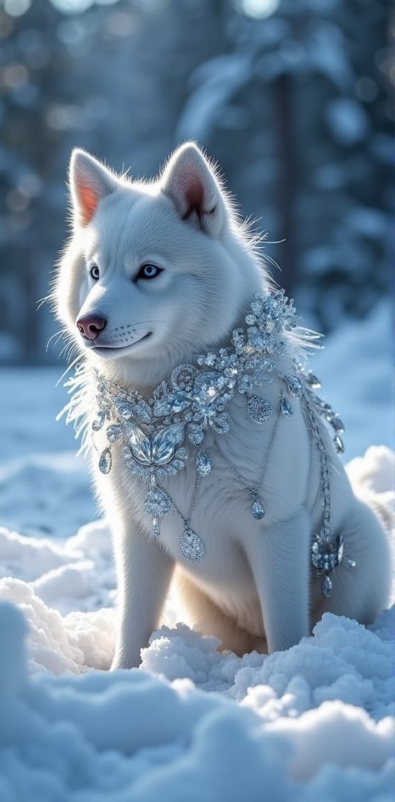 A Husky, small and cute,generate a celestial adorable non-human animal in the style of celestial and fantasy. the animal should be the most beautiful animal ever created. Consider details like fluffy with (snow, ice and diamonds (armour)) and shimmer and glimmer. Include subtle details of phantasmal iridescence. emphasize small details of fantasy and ornate diamonds. camera: utilize interesting and dynamic composition. enhance visual interest. lighting: use ambient lighting that enhances the ambiance of fantasy. include bright white and blue and deep shadows. hires, detailed eyes, hires detailed eyes, hires small details, ornate, intricate details, 8k, shimmer, unity, official cgi unreal engine, high resolution, (((masterpiece))), high quality, highres, detail enhancement, (bright and clear eyes), 