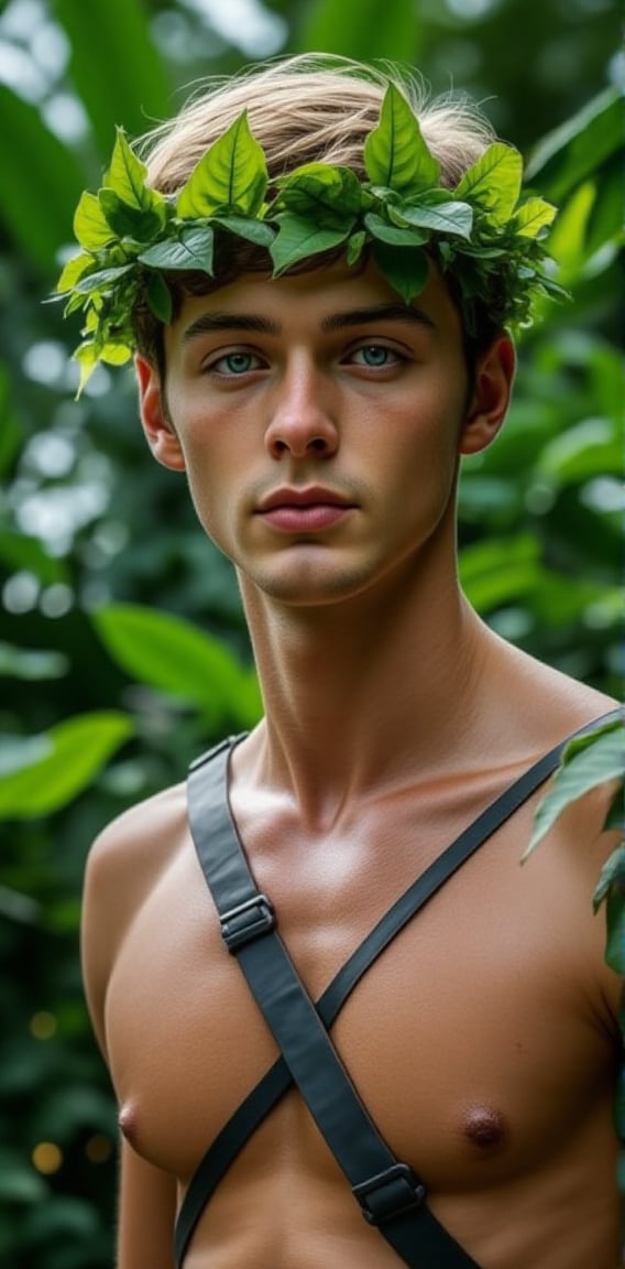 a 3D rendering of a fair-skinned man with blonde hair and blue eyes is adorned with a headband of leaves on his head. His eyes are a piercing blue, adding a pop of color to the scene. His chest is covered in a black leather harness strap, strung across his chest. The backdrop is a lush forest of green leaves, creating a vibrant contrast to the man's chest.