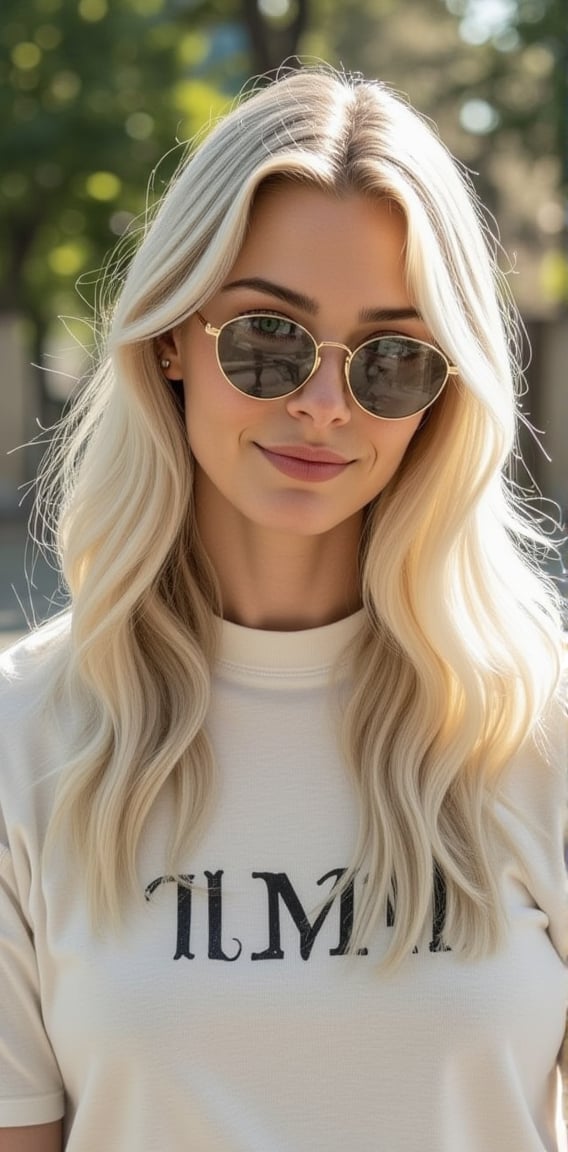 1woman,28 years old,smiling,white long hair,green eyes,round sunglasses,white open t-shirt,(((on the t-shirt,loneyl)))writes(best quality,high level :),(vibrant colors,colour :), (bokeh),(full length portraits), (studio lighting),(ultra fine image),(sharp) focus),(highly detailed eyes, body and face),(detailed lips),(beautiful detailed eyes),( long eyelashes)