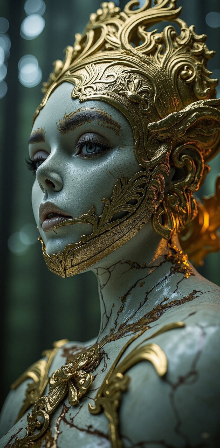 close up ultra detailed marble and gold sculpture of a female necromancer, (skeleton face), volumetric fog, hyperrealism, breathtaking, ultra realistic, ultra detailed, cyber background, cinematic lighting, highly detailed, breathtaking, photography, stunning environment, wide-angle