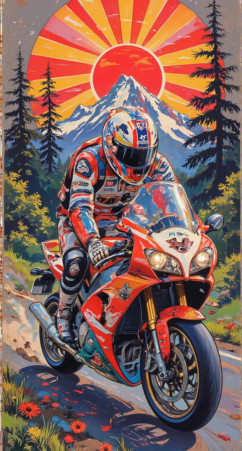 Japanese style, 80s retro vibe, aesthetic, motor sports design, geometric mountain background, retro-style sun.