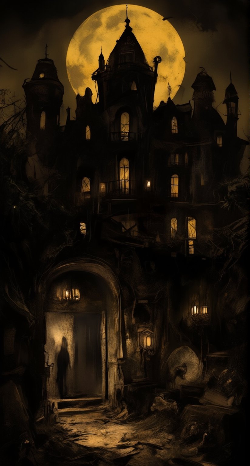 A eerie, abandoned mansion looms in the darkness, its turrets reaching towards a sickly yellow moon. Overgrown vines wrap around crumbling stone walls, as a creaking door slowly opens, revealing a dimly lit foyer with cobweb-covered chandeliers. A lone flashlight flickers, casting an ominous glow on the dusty floor.