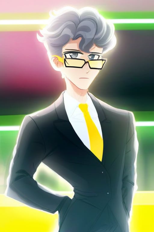 Andrei Stoica cosplay as eqg Neon Lights with black suit white shirt and black yellow necktie glasses gray eyes by user_77...