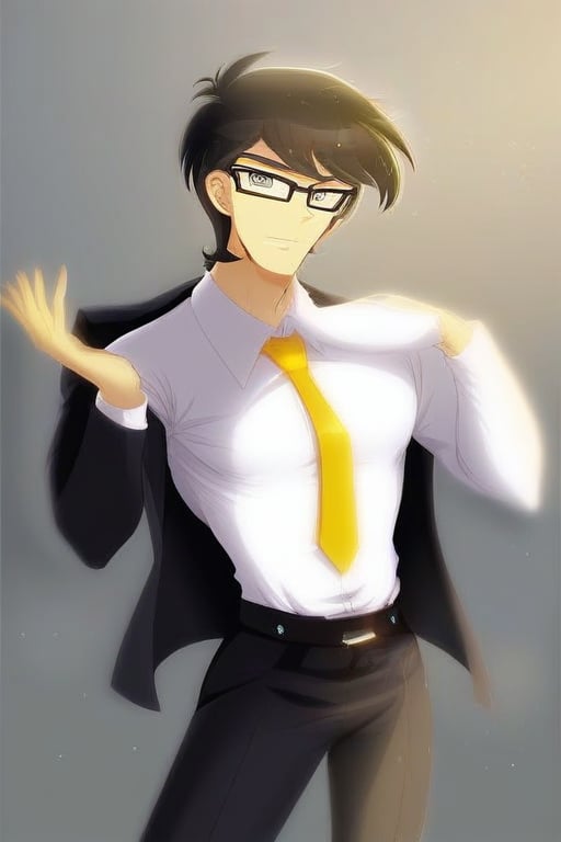 Andrei Stoica cosplay as eqg Jet Set with black suit white shirt and black yellow necktie glasses gray eyes by user_774171...