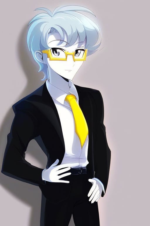 Andrei Stoica cosplay as eqg Jet Set with black suit white shirt and black yellow necktie glasses gray eyes by user_774171...