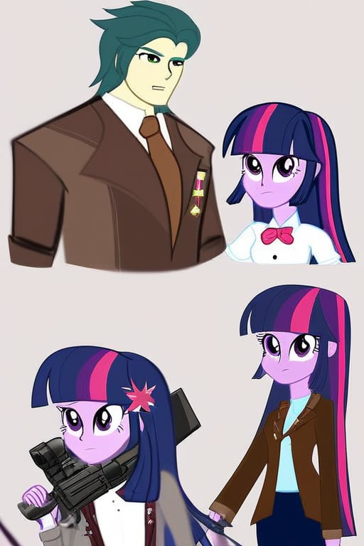 EQG TWILIGHT SPARKLE AS EDWARD RICHTOFEN ULTIMIS WITH BROWN SUIT WHITE SHIRT AND BROWN NECKTIE WITH AN MP40 SUBMACHINE GUN...