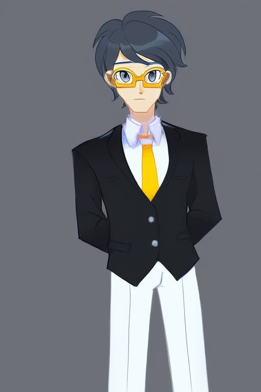 Andrei Stoica cosplay as eqg Royal Pin with black suit white shirt and black yellow necktie glasses gray eyes by user_7741...
