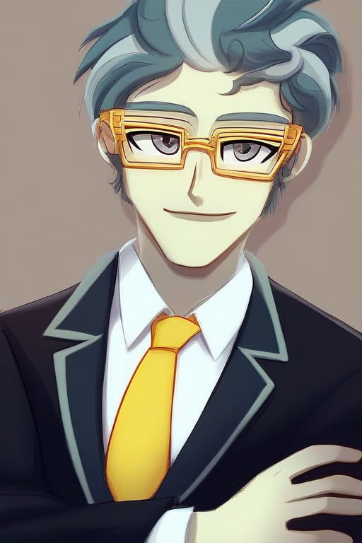 Andrei Stoica cosplay as eqg Royal Pin with black suit white shirt and black yellow necktie glasses gray eyes by user_7741...