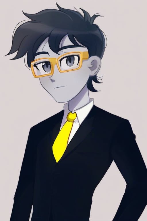 Andrei Stoica cosplay as eqg Trenderhoof with black suit white shirt and black yellow necktie glasses gray eyes by user_77...