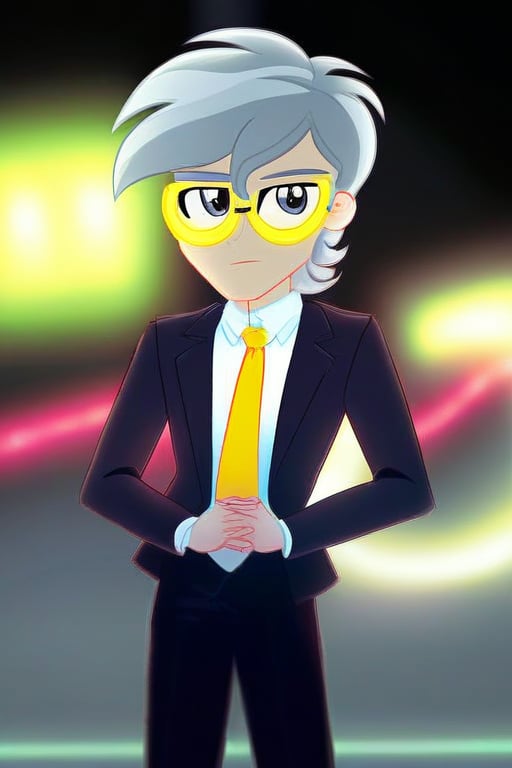 Andrei Stoica cosplay as eqg Neon Lights with black suit white shirt and black yellow necktie glasses gray eyes by user_77...