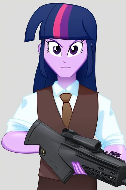 EQG TWILIGHT SPARKLE AS EDWARD RICHTOFEN ULTIMIS WITH BROWN SUIT WHITE SHIRT AND BROWN NECKTIE WITH AN MP40 SUBMACHINE GUN...