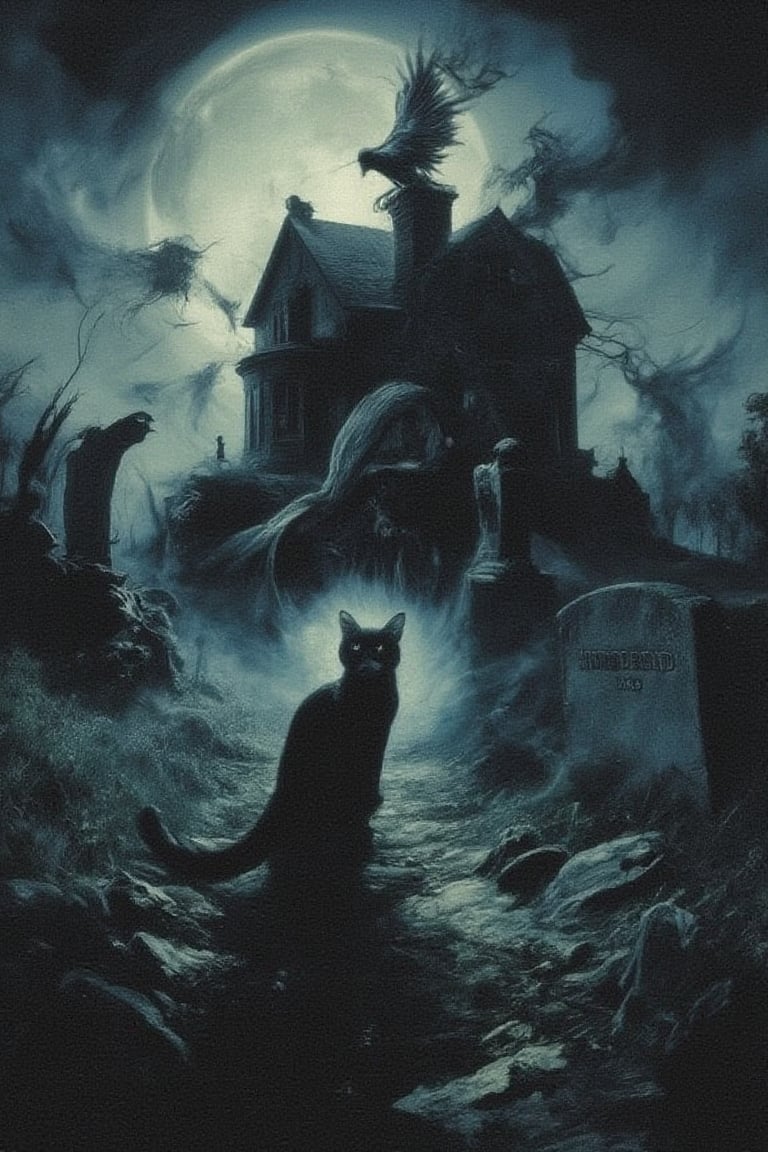 a haunted house on top of a hill surrounded by bats and ravens, the full moon shines behind the old house, shapes lurking in the shadows, gravestones in the field, a black cat standing in the pathway.
vintage, horror, texture, halloween, haunted, magical, light particles, DarkAura