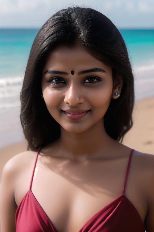 a beautiful indian 25 age girl, potrait, little cheeks, cute smile, no red dot in face ,photorealistic, pure real hd, real ,beach